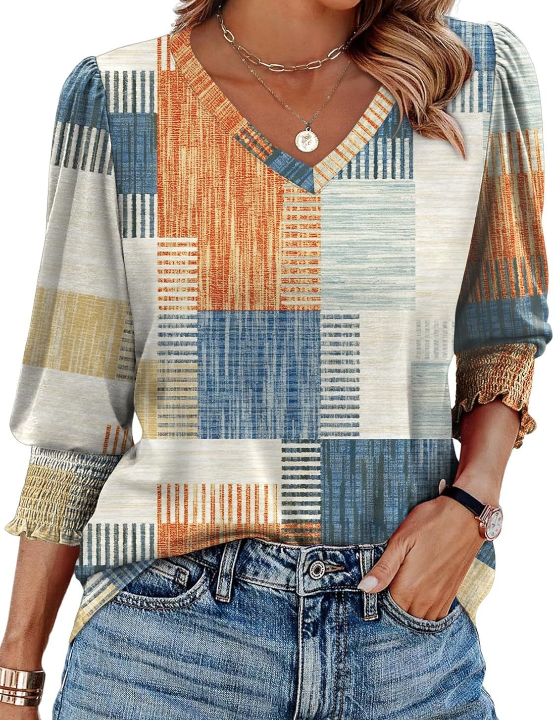 V-neck Printed Loose Casual T-shirt Top