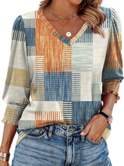 V-neck Printed Loose Casual T-shirt Top