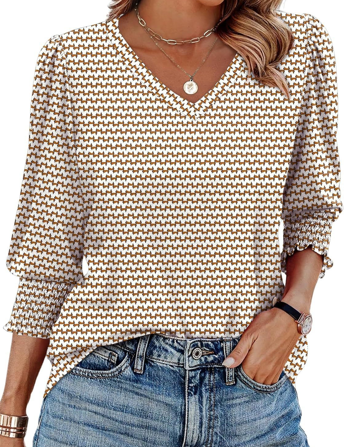 V-neck Printed Loose Casual T-shirt Top