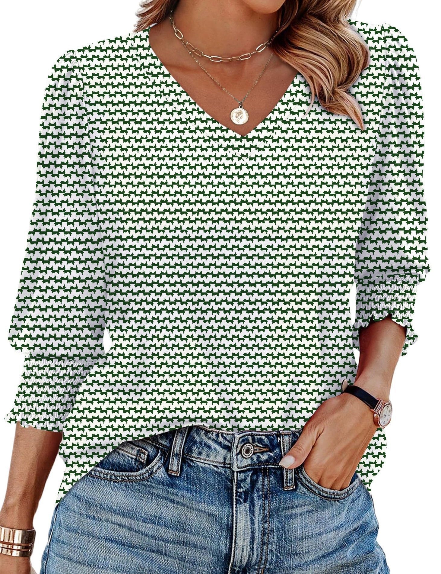V-neck Printed Loose Casual T-shirt Top