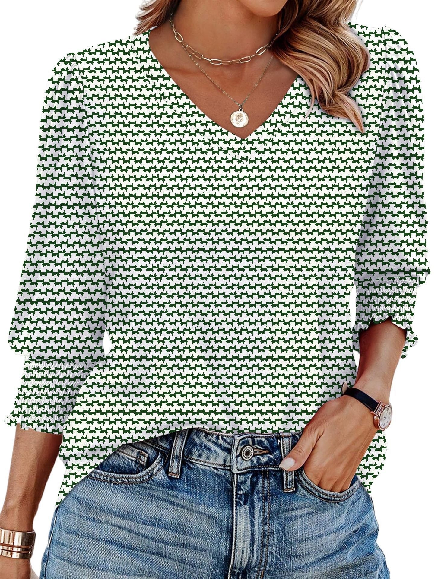 V-neck Printed Loose Casual T-shirt Top