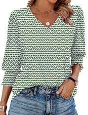 V-neck Printed Loose Casual T-shirt Top