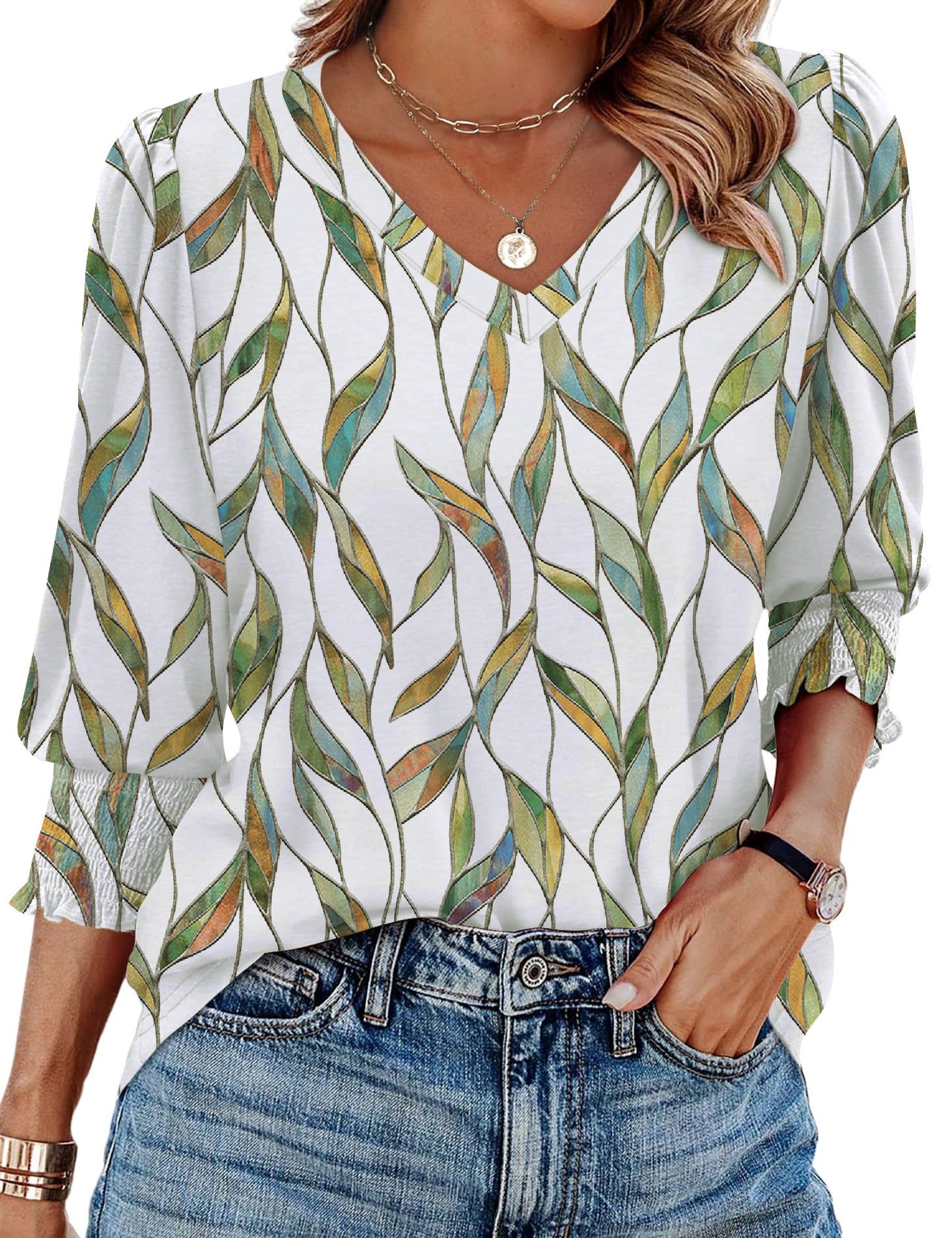 V-neck Printed Loose Casual T-shirt Top