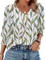 V-neck Printed Loose Casual T-shirt Top