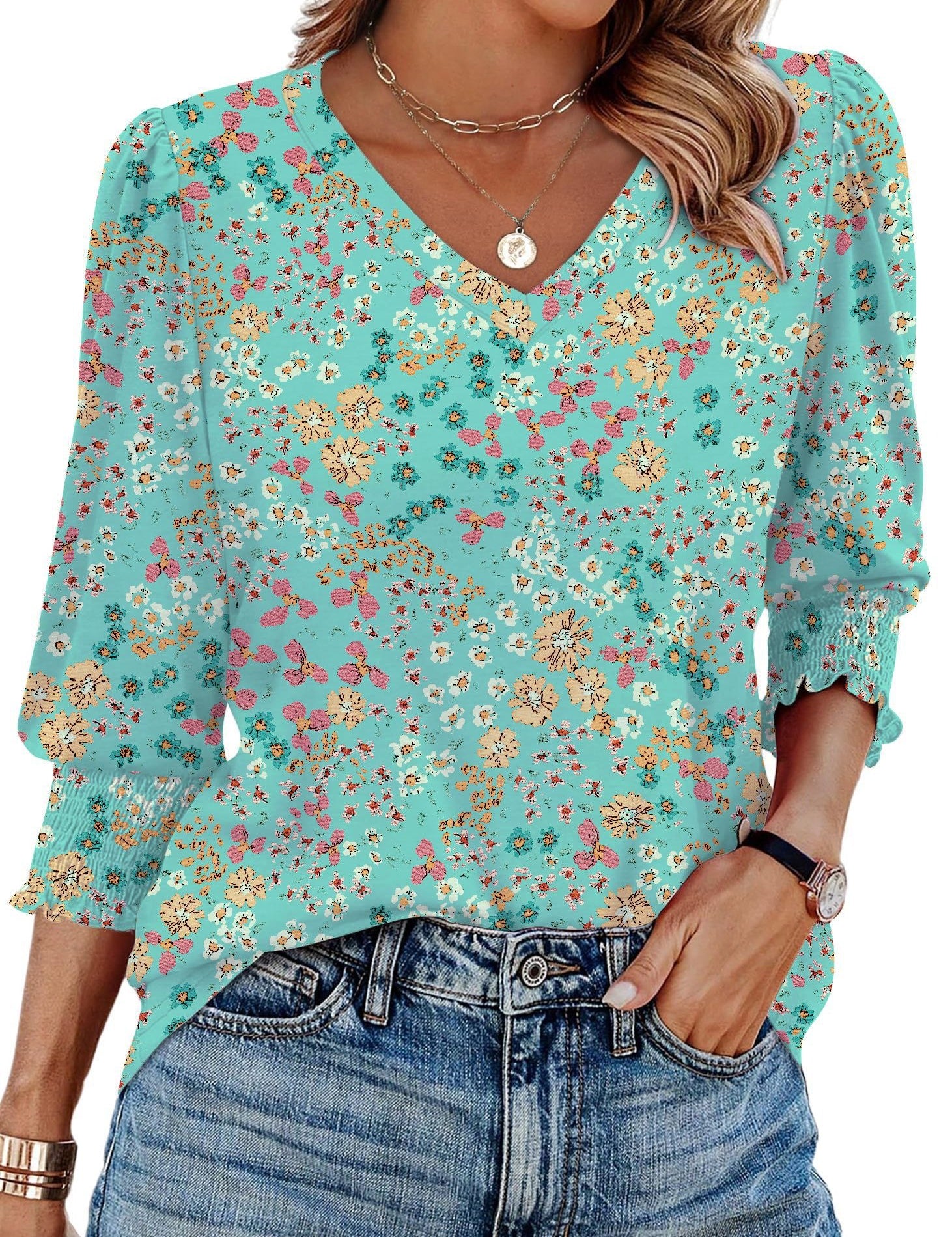 V-neck Printed Loose Casual T-shirt Top