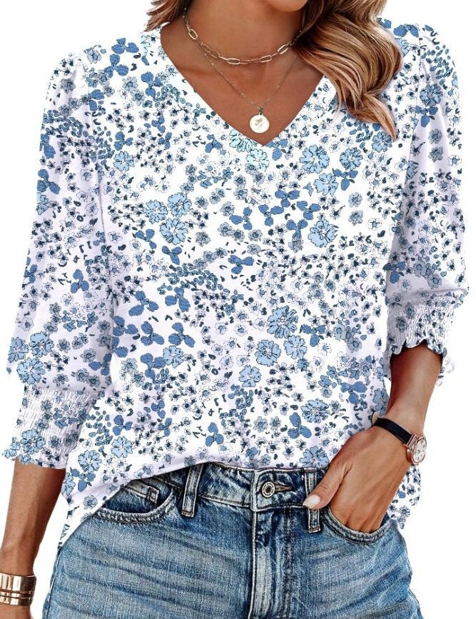 V-neck Printed Loose Casual T-shirt Top