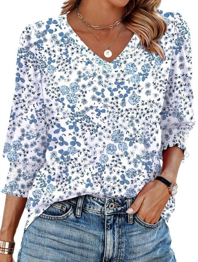 V-neck Printed Loose Casual T-shirt Top