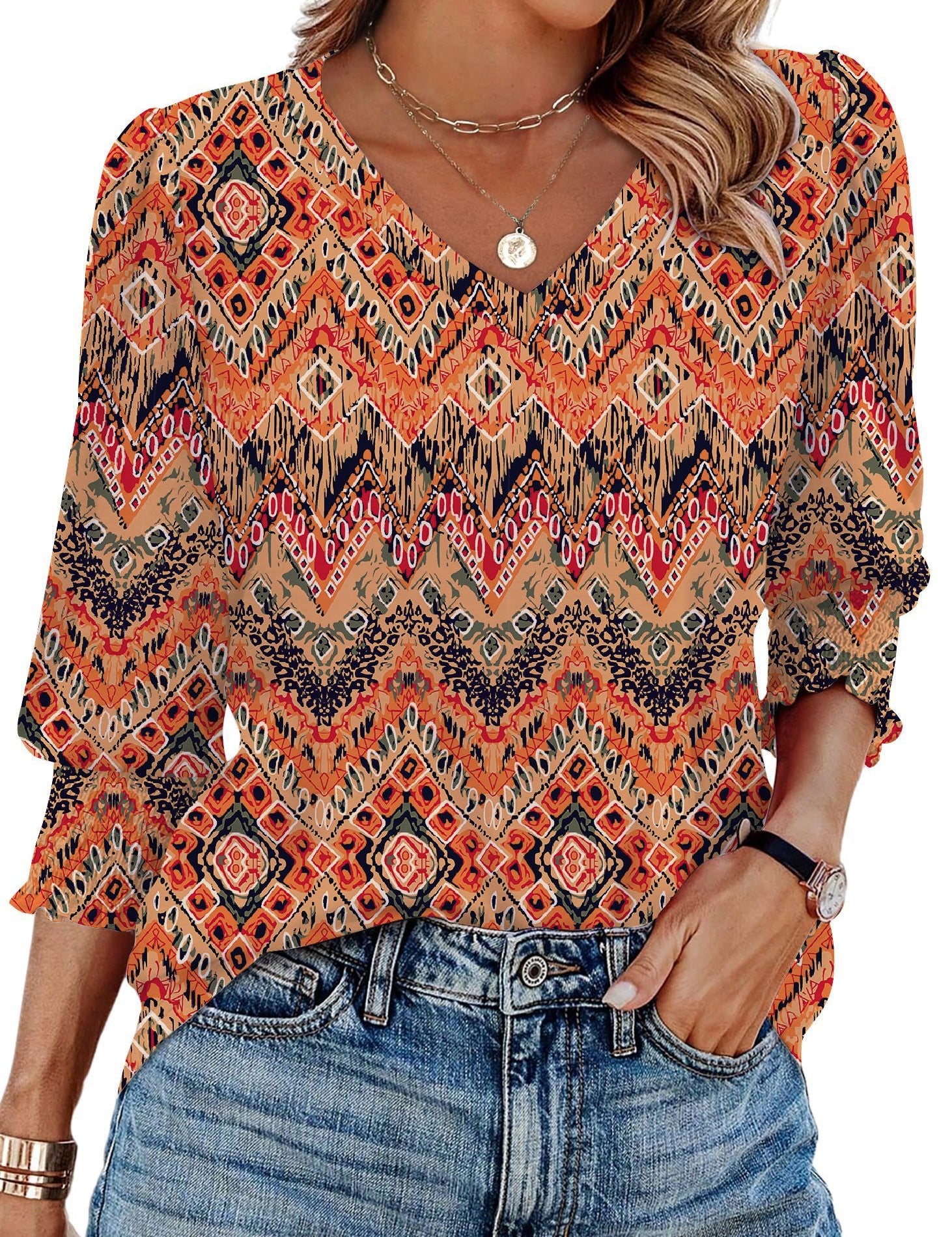 V-neck Printed Loose Casual T-shirt Top