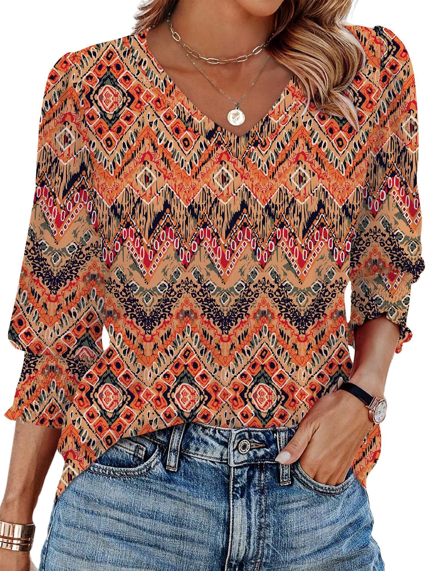 V-neck Printed Loose Casual T-shirt Top