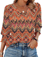 V-neck Printed Loose Casual T-shirt Top