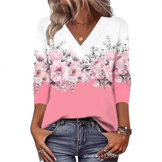 Women's Mid-Sleeve 3D Floral Print Top