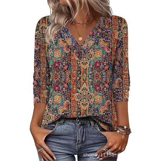 Women's Mid-Sleeve 3D Floral Print Top