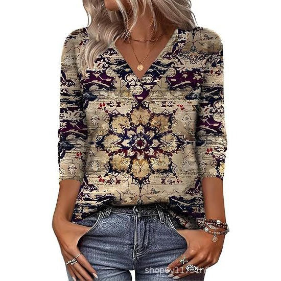 Women's Mid-Sleeve 3D Floral Print Top