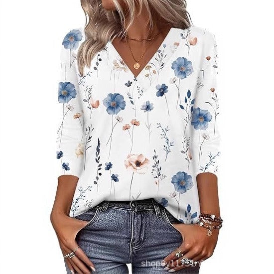 Women's Mid-Sleeve 3D Floral Print Top