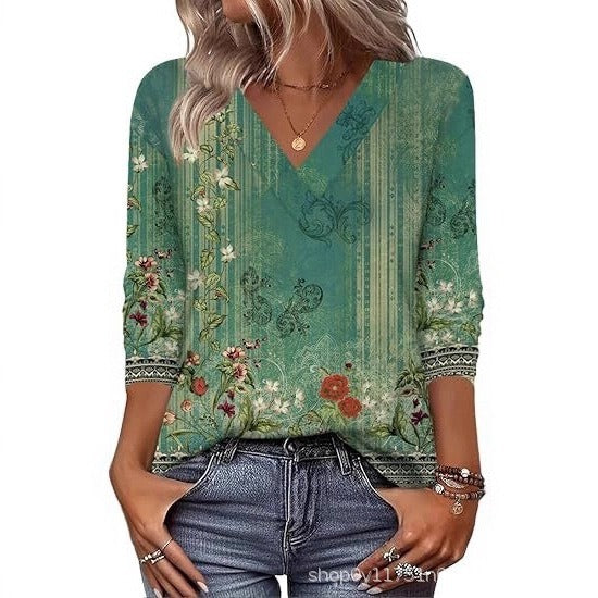 Women's Mid-Sleeve 3D Floral Print Top