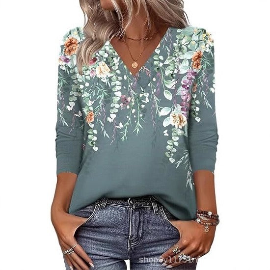 Women's Mid-Sleeve 3D Floral Print Top