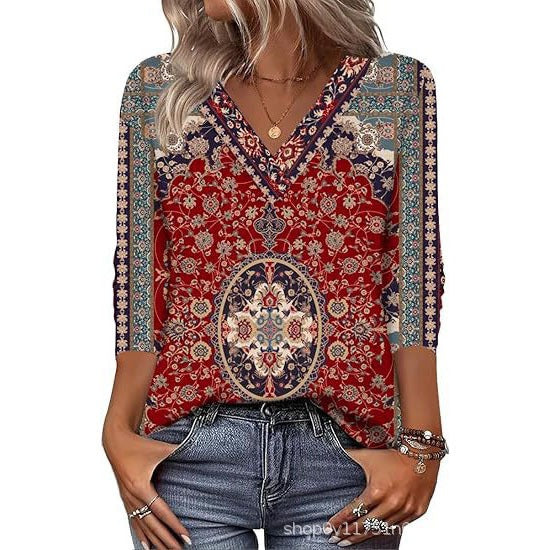 Women's Mid-Sleeve 3D Floral Print Top