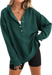 Women's Loose V-Neck Snap-Button Hooded Sweatshirt