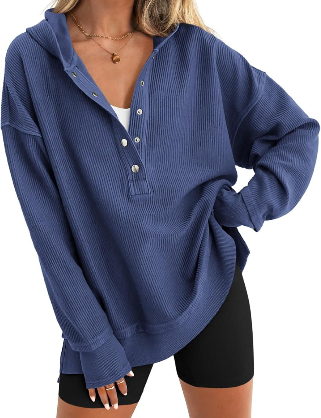 Women's Loose V-Neck Snap-Button Hooded Sweatshirt
