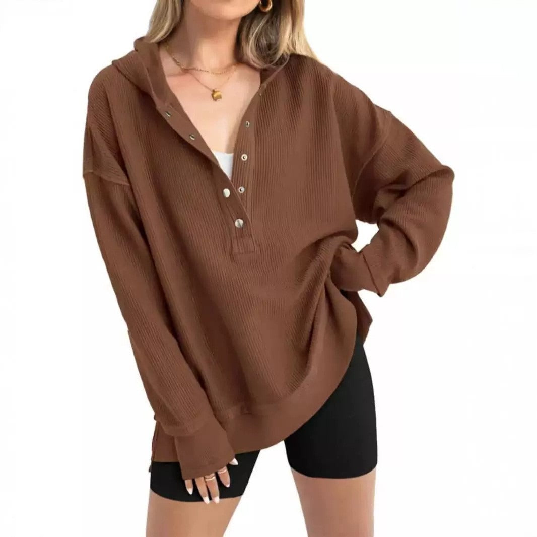 Women's Loose V-Neck Snap-Button Hooded Sweatshirt