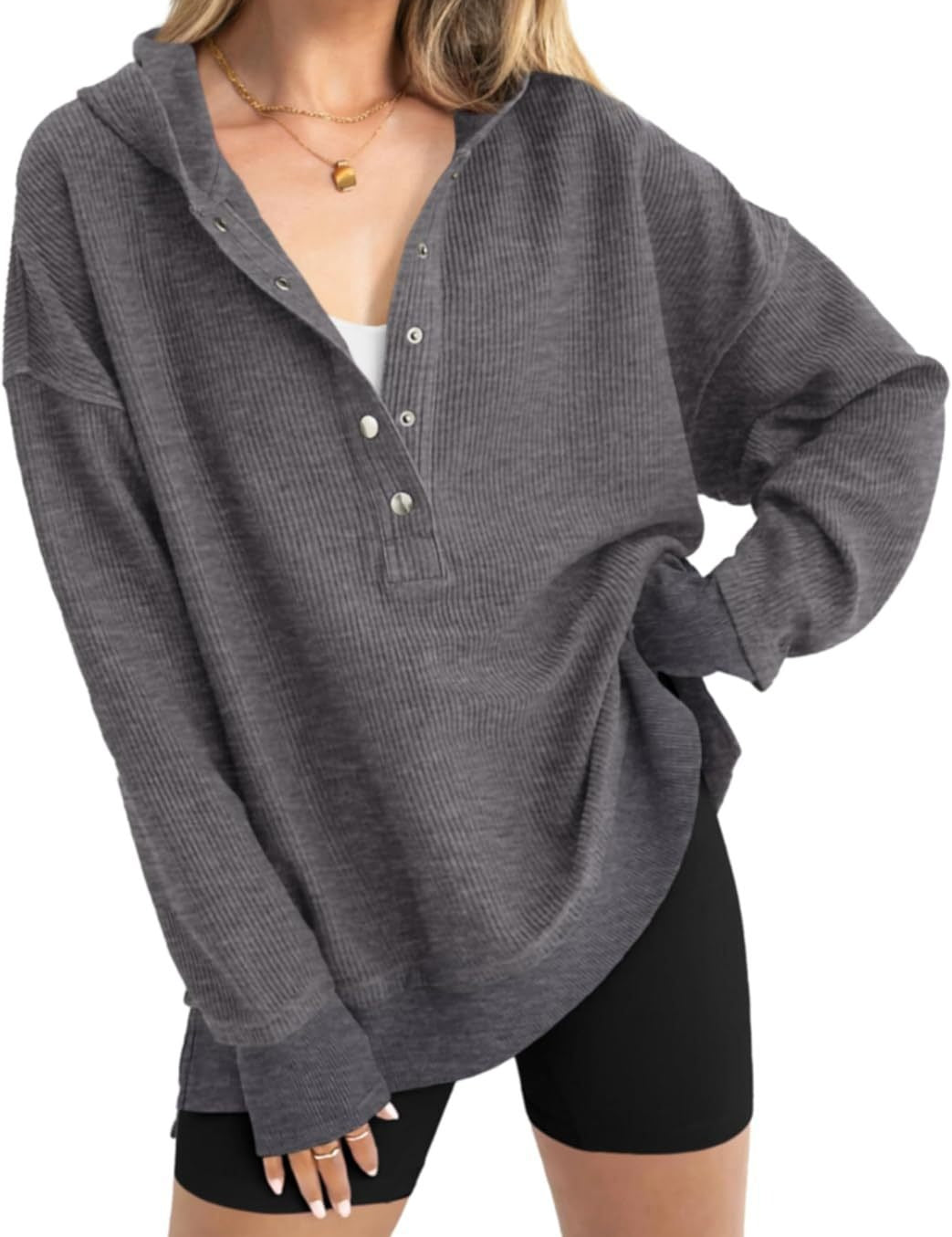 Women's Loose V-Neck Snap-Button Hooded Sweatshirt