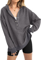 Women's Loose V-Neck Snap-Button Hooded Sweatshirt