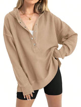 Women's Loose V-Neck Snap-Button Hooded Sweatshirt