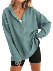 Women's Loose V-Neck Snap-Button Hooded Sweatshirt