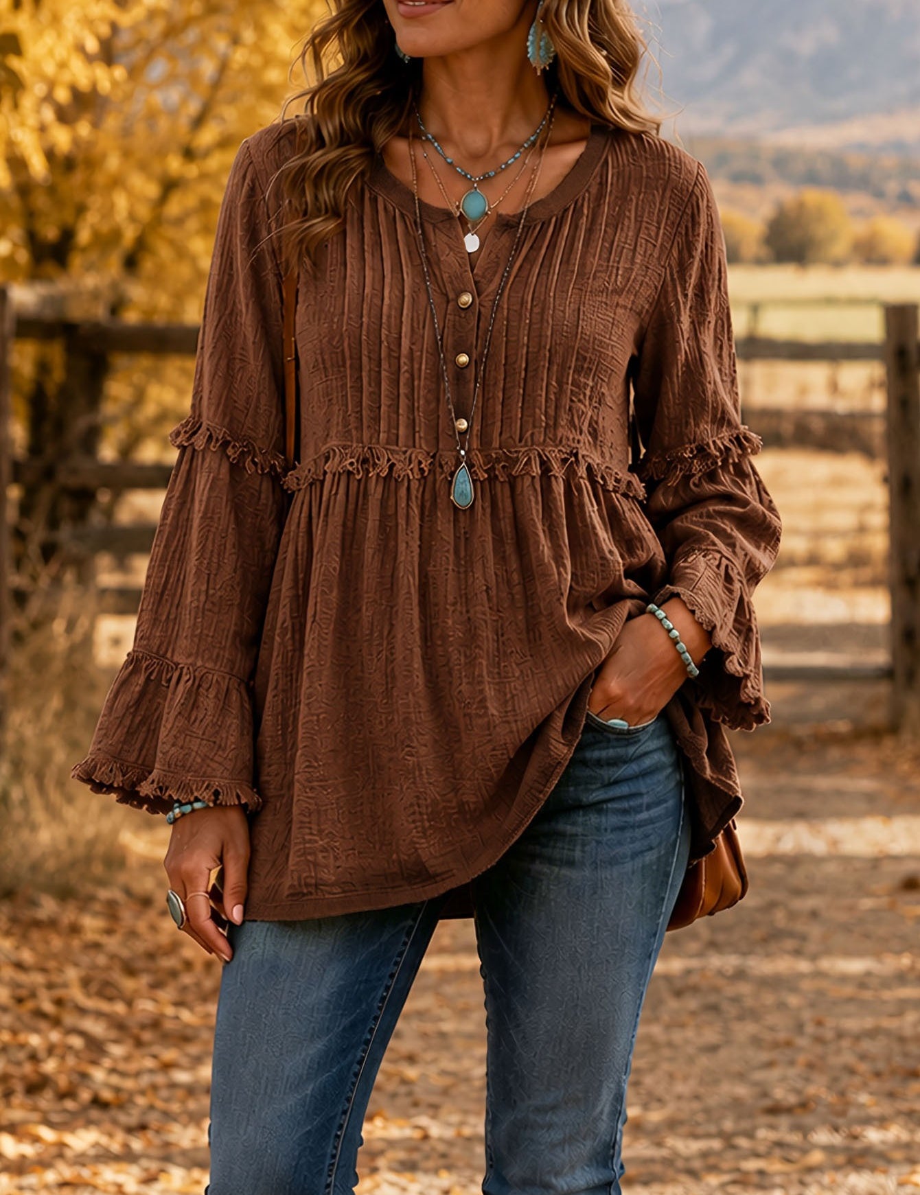 Women’s Boho Button-Front Tunic Shirt with Tassels