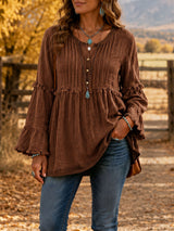 Women’s Boho Button-Front Tunic Shirt with Tassels