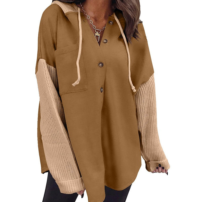 Women's Loose Button-Down Knit Hooded Sweatshirt