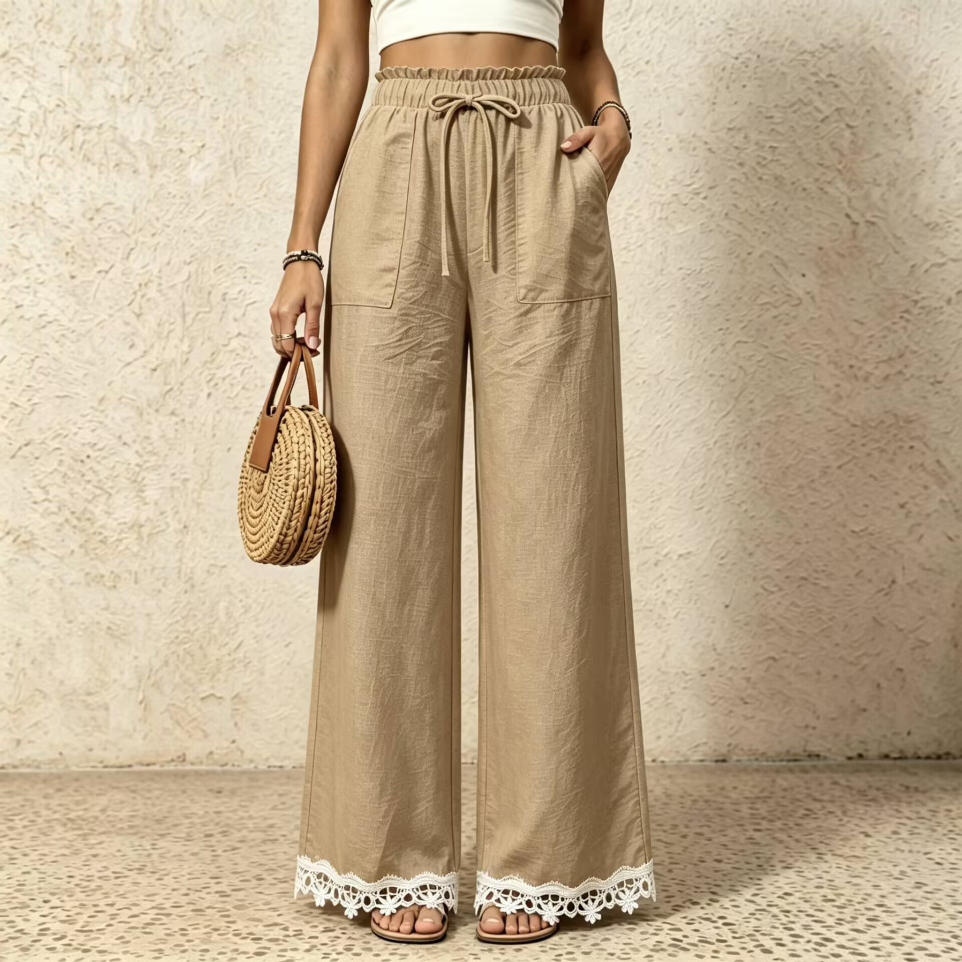 Women's Boho Lace Trim Wide Leg Casual Pants