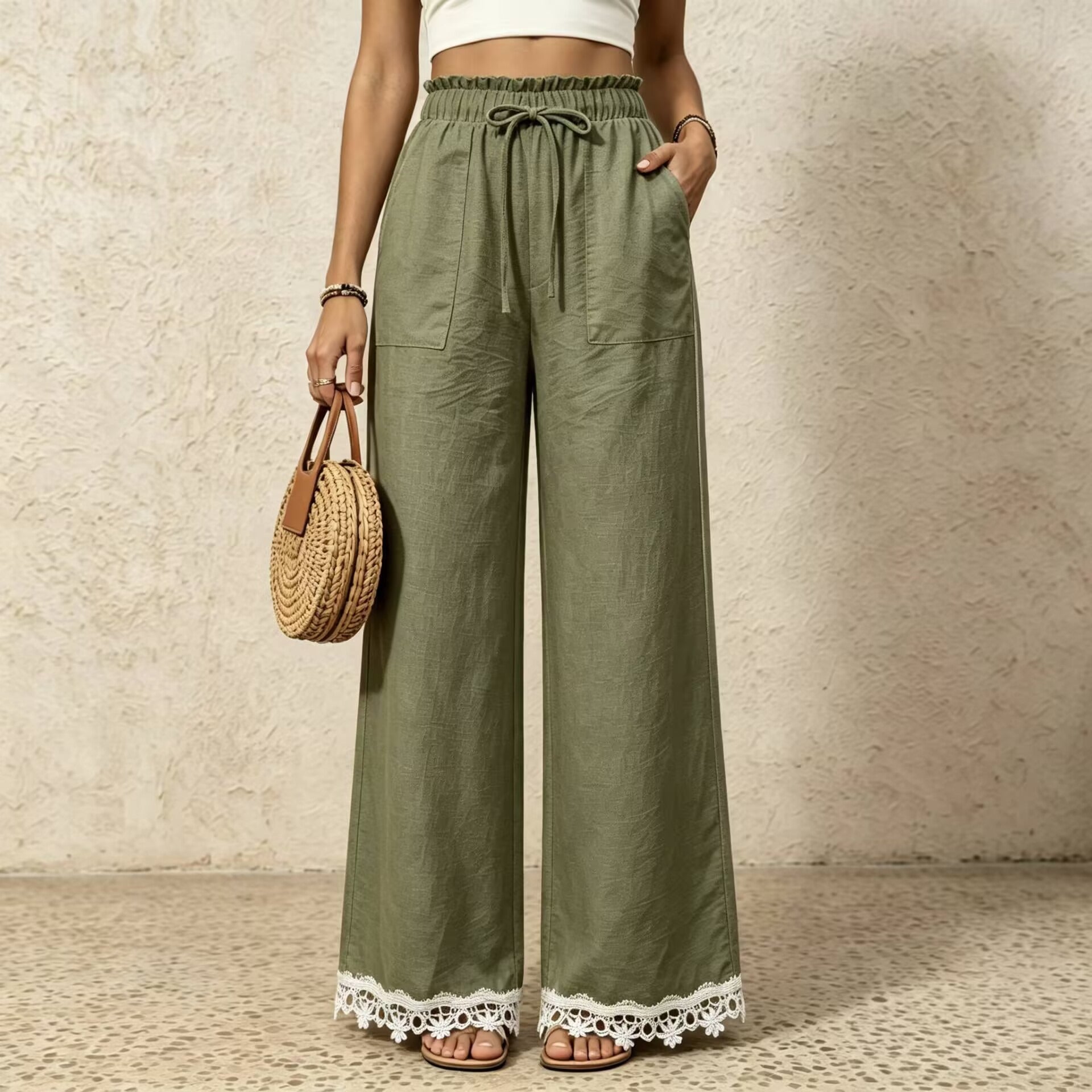 Women's Boho Lace Trim Wide Leg Casual Pants