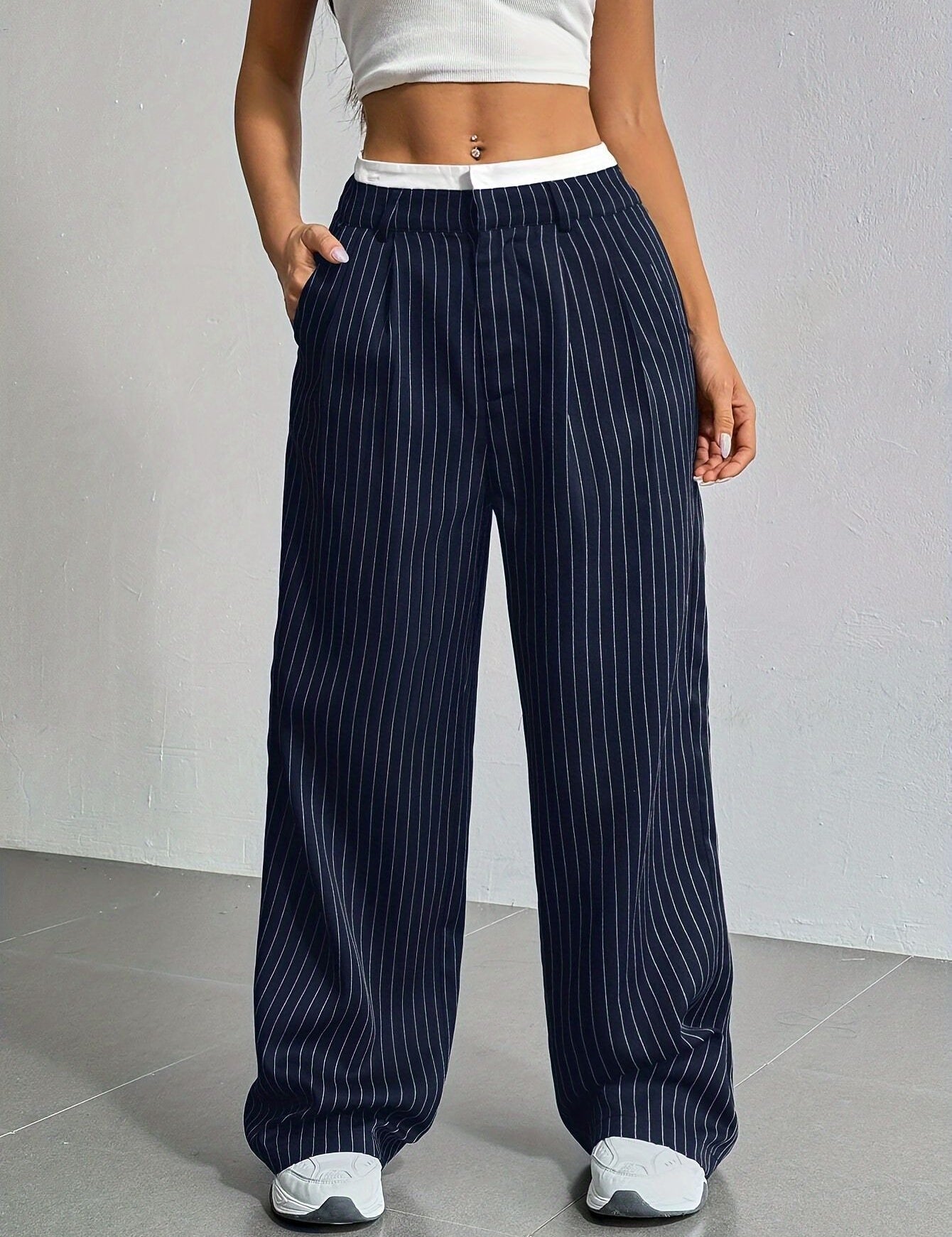 High-Waisted Pinstripe Wide-Leg Trousers with Layered Waistband