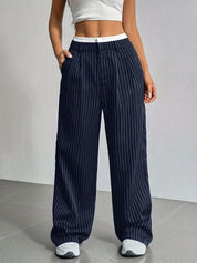 High-Waisted Pinstripe Wide-Leg Trousers with Layered Waistband