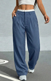 High-Waisted Pinstripe Wide-Leg Trousers with Layered Waistband