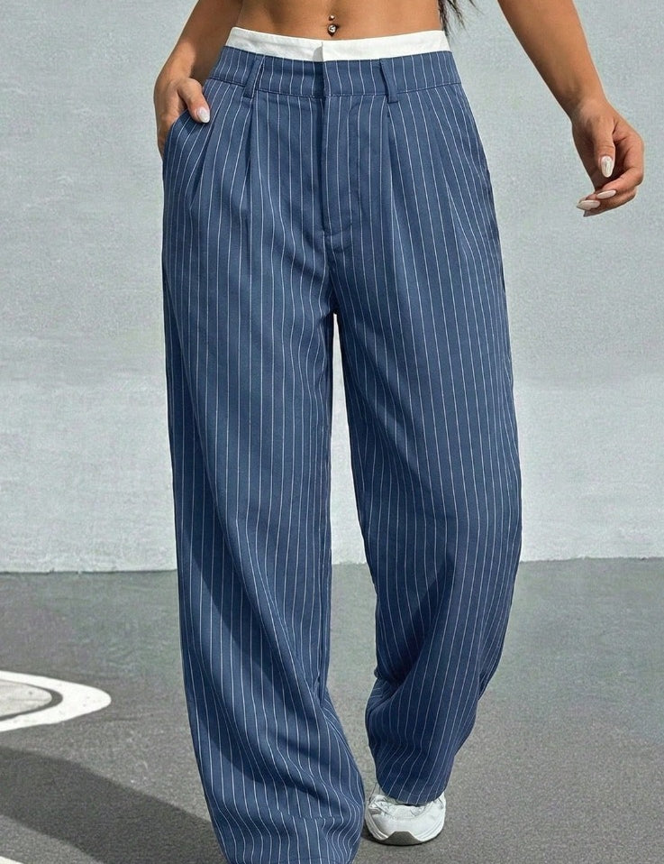 High-Waisted Pinstripe Wide-Leg Trousers with Layered Waistband