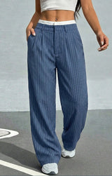 High-Waisted Pinstripe Wide-Leg Trousers with Layered Waistband