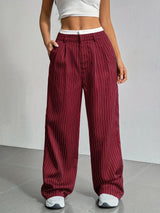 High-Waisted Pinstripe Wide-Leg Trousers with Layered Waistband