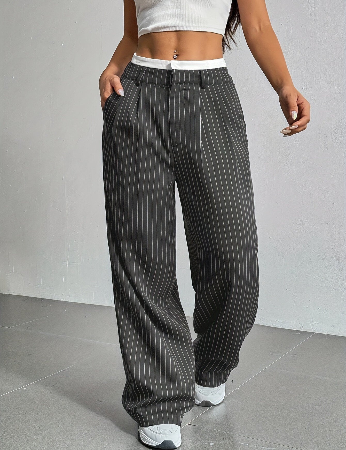 High-Waisted Pinstripe Wide-Leg Trousers with Layered Waistband
