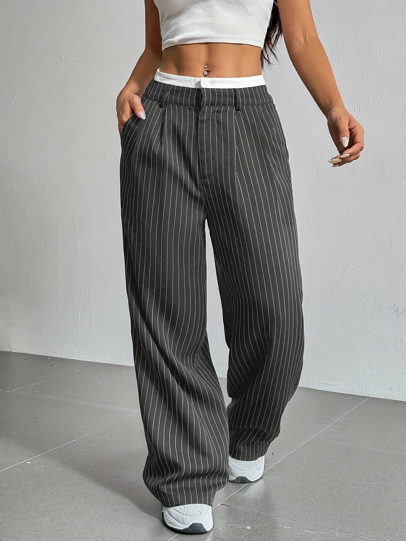 High-Waisted Pinstripe Wide-Leg Trousers with Layered Waistband