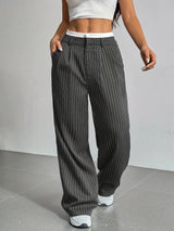 High-Waisted Pinstripe Wide-Leg Trousers with Layered Waistband