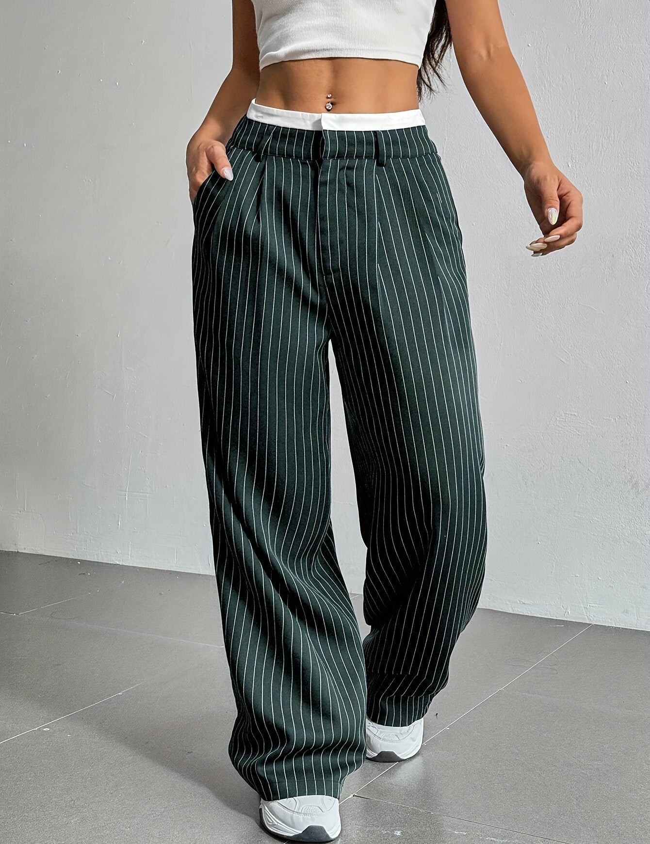 High-Waisted Pinstripe Wide-Leg Trousers with Layered Waistband