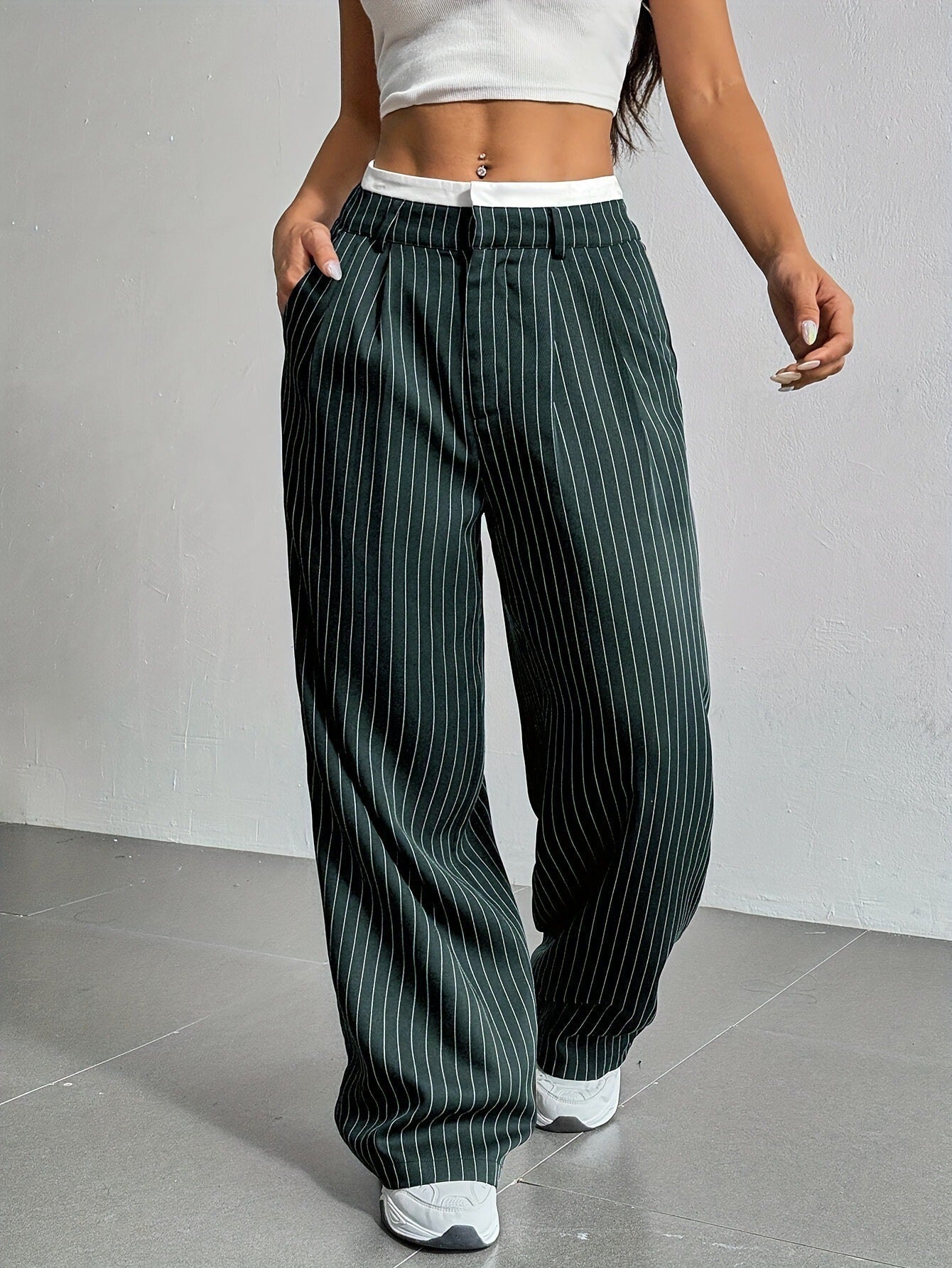 High-Waisted Pinstripe Wide-Leg Trousers with Layered Waistband