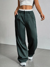 High-Waisted Pinstripe Wide-Leg Trousers with Layered Waistband