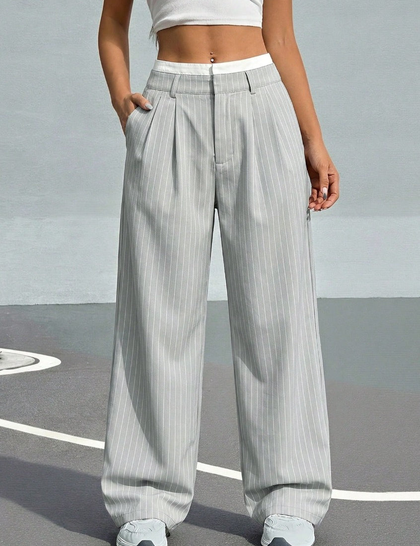 High-Waisted Pinstripe Wide-Leg Trousers with Layered Waistband