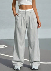 High-Waisted Pinstripe Wide-Leg Trousers with Layered Waistband