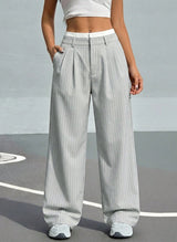 High-Waisted Pinstripe Wide-Leg Trousers with Layered Waistband