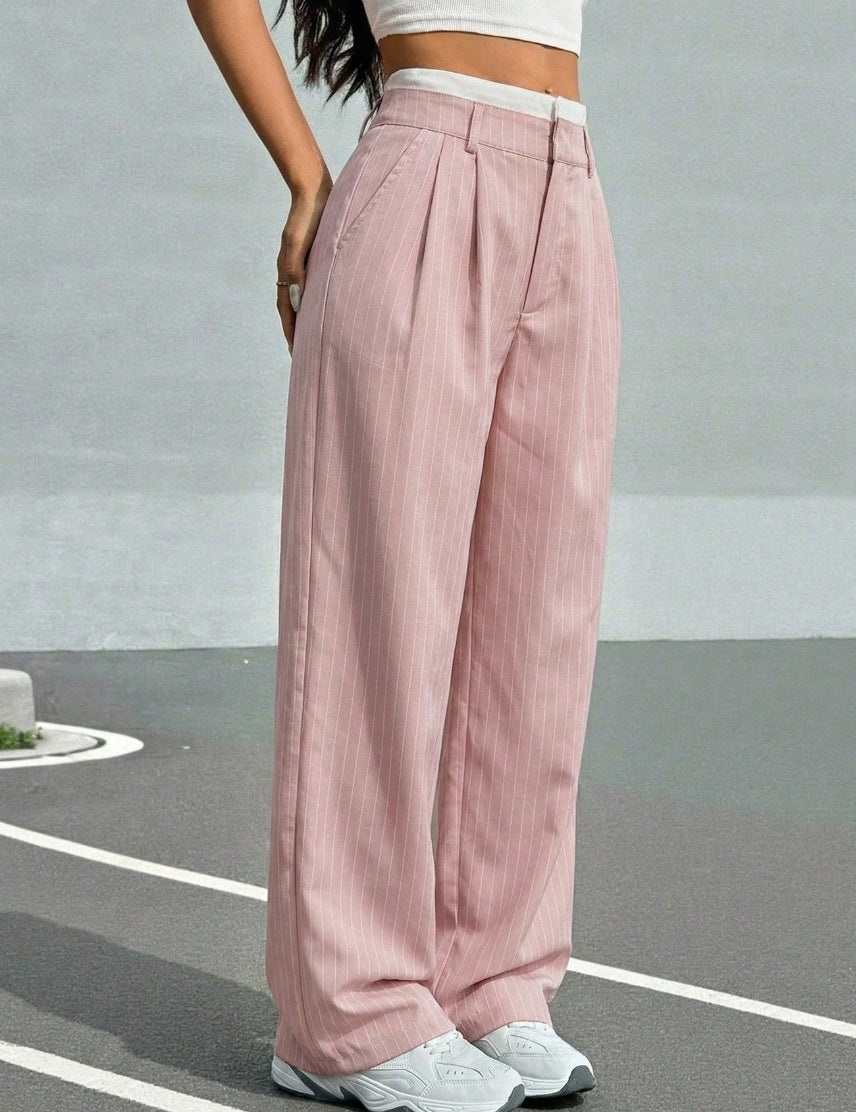 High-Waisted Pinstripe Wide-Leg Trousers with Layered Waistband