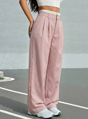 High-Waisted Pinstripe Wide-Leg Trousers with Layered Waistband